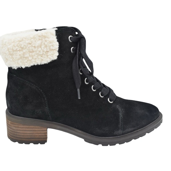 Lucky Brand "Jacenia" Black Suede Lace-Up Combat Boot Ivory Faux Shearling Cuffs - Picture 2 of 8